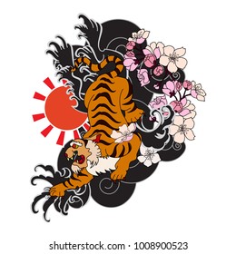 Japanese tiger with flower vector illustration for tattoo style.Tiger and Chrysanthemum flower with cherry blossom on could background.