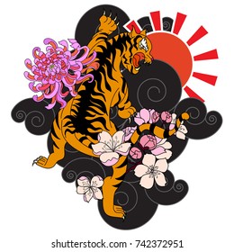 Japanese tiger with flower vector illustration for tattoo style.Tiger and Chrysanthemum flower with cherry blossom on could background.Traditional Japanese culture for printing and coloring book