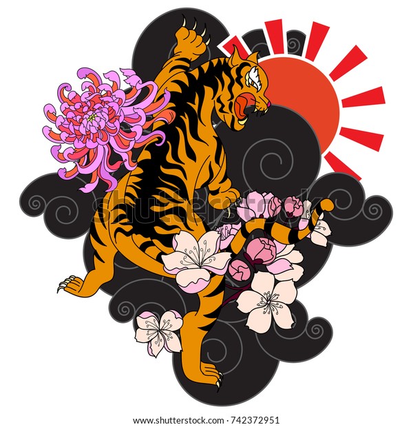 Japanese Tiger Flower Vector Illustration Tattoo Stock Vector (Royalty ...