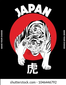 Japanese tiger hand drawn illustration vector, Bomber jacket embroidery, Graphic t shirt and printed t shirt. Japanese text translation: "Tiger"