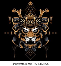 JAPANESE TIGER HEAD SAMURAI WITH SACRED GEOMETRY LOGO ILLUSTRATION