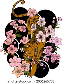 Japanese tiger illustration for printing on T-shirt.Year of tiger.Chinese new year zodiac sign of set.Chinese zodiac animal signs and Cherry blossom vector on background.