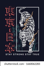 Japanese tiger illustration for t-shirt prints, posters and other uses. Japanese text translation: Tokyo - Japan