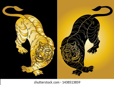 Japanese tiger on gold background.Traditional tiger art of Japan's castle.illustration design and wallpaper coloring book.