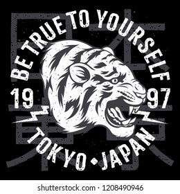 Japanese Tiger patch embroidery. Vector. T-shirt print design. Tee graphics. Typography slogan