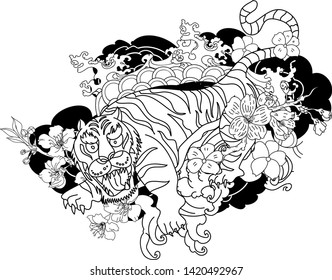 Japanese tiger with sakura flower and water splash tattoo.Illustration design tiger and cherry peach flower art vector.