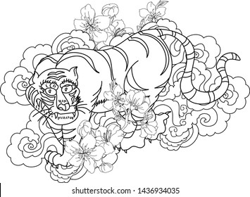 Japanese tiger with sakura flower and water splash tattoo.Illustration design tiger and cherry peach flower art vector.