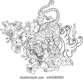 Japanese tiger with sakura flower and water splash tattoo.Illustration design tiger and cherry peach flower art vector.