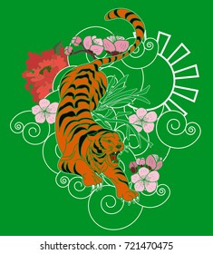 Japanese tiger with sakura for tattoo design.Chinese cloud and sun.Traditional Japanese culture for printing and coloring book on background.