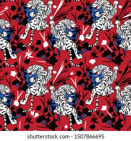 Japanese tiger seamless pattern. Japanese graphic design. Background in the Japanese style.