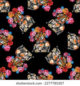 Japanese tiger seamless pattern. Wild print. Tiger T-Shirt design. Fashion vector illustration with tiger. Illustration for fabric, clother. - Vector.