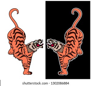 Japanese tiger tattoo.Tiger Sticker tattoo design,Cartoon tiger on black background.Tiger vector illustration isolate on white background.