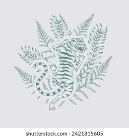 Japanese tiger with tropical leaves. Wild animal with green plants. Banner or poster for advertising or web.