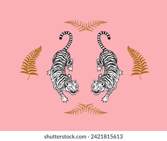 Japanese tiger with tropical leaves. Wild animal with green plants. Banner or poster for advertising or web.