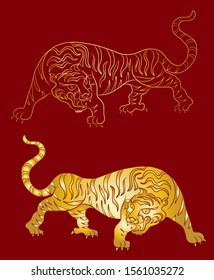 Japanese tiger vector for sticker or printing on jacket and t-shirt on background.Korean tiger illustration on isolated.Hand drawn Chinese tiger.