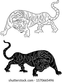 Japanese tiger vector for sticker or printing on jacket and t-shirt on background.Korean tiger illustration on isolated.Hand drawn Chinese tiger.