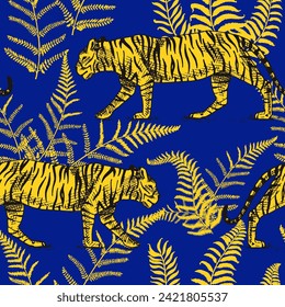 Japanese tigers with tropical leaves. Toile de jouy jungle. Wild animal with green plants. Banner or poster for advertising or web.