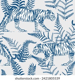 Japanese tigers with tropical leaves. Toile de jouy jungle. Wild animal with green plants. Banner or poster for advertising or web.