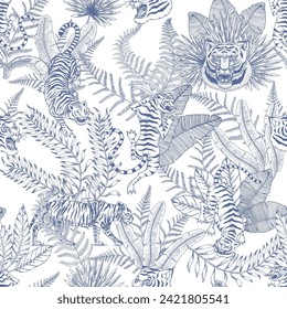 Japanese tigers with tropical leaves. Toile de jouy jungle. Wild animal with green plants. Banner or poster for advertising or web.