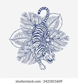 Japanese tigers with tropical leaves. Wild animal with green plants. Banner or poster for advertising or web.