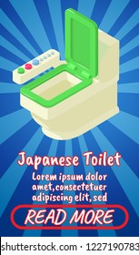 Japanese toilet concept banner. Isometric banner of japanese toilet comics vector concept for web, giftcard and postcard