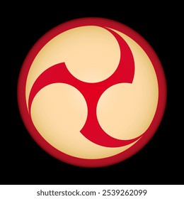 Japanese tomoe design, a comma-like swirl symbol and taiko drum pattern. Left threefold Mitsudomoe, a swirl of 3 commas or tadpoles on a red circle on black background. Used for emblems, banners, etc.