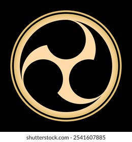 Japanese tomoe design, a swirl symbol and widespread motif. A left threefold Mitsudomoe, a circular triskelion with three curved, swirling comma- or tadpole-like arms, set against a black background.