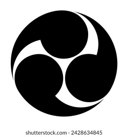 Japanese tomoe symbol, the left threefold Mitsudomoe. A swirl of three commas or tadpoles, circumscribed in a circle. Widely used for or emblems, banners, rituals, festivals and in Shinto shrines.