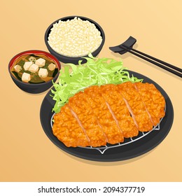 Japanese tonkatsu fried pork cutlet recipe illustration vector.