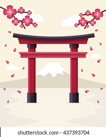 Japanese Tori Gate, Sakura Blossom and Mount Fuji at Background. Flat Design Style.