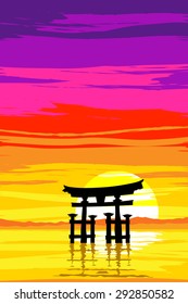 Japanese Tori Gate at Sunrise. Based on Itsukushima Shrine at Miyajima. EPS10 Vector