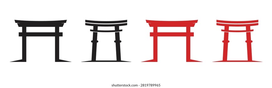 Japanese Torii Gate Icon Set - Red and Black Shinto Gate Vectors.