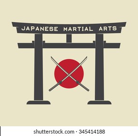 Japanese torii gate with japan flag and katana in vintage style. Vector Illustration