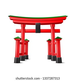 Japanese Torii gate. Realistic Symbol of Japan, shintoism religion. Red wooden sacred tori arch. Ancient entrance, Eastern heritage and landmark. Oriental religious architecture. Vector illustration