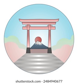 Puerta Torii japonesa. Símbolo realista de Japón, religión shinto. Arco sagrado de madera tori. Entrada antigua, patrimonio oriental y Lugar famoso. Arquitectura religiosa oriental. Ilustración vectorial
