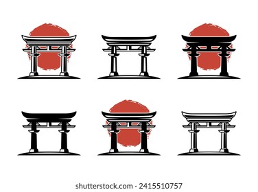 Juego de portada del torii japonés de seis íconos vectoriales de variación diferentes o símbolos aislados en fondo blanco