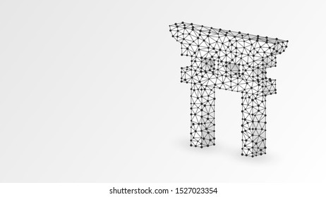 Japanese Torii gate silhouette. Abstract, digital, wireframe, low poly mesh, vector white origami 3d illustration. Shinto door, kami-no-Michi symbol of ethnic religion of Japan. Triangle, line, dot