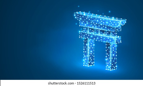 Japanese Torii gate silhouette. Shinto door, kami-no-Michi symbol of ethnic religion of Japan. Abstract, digital, wireframe, low poly mesh, vector blue neon 3d illustration. Triangle, line, dot