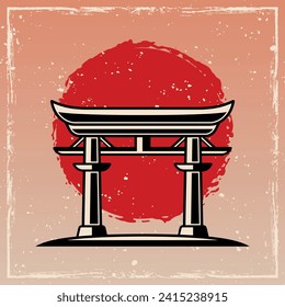 Japanese torii gate vintage vector colored illustration in retro style with grunge textures