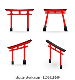 Japanese Torii red color perspective and isometric view illustration isolated on white background, vector eps 10