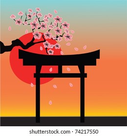 japanese torii with sakura, vector image