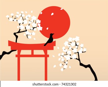 Japanese torii("bird perch") with a bird and sakura branches