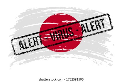 Japanese torn flag with a stamp with the words alert virus, vector image