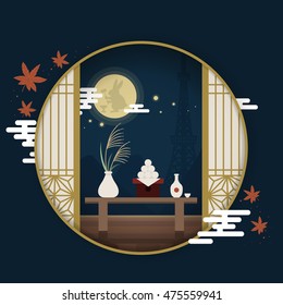 Japanese tourism poster, moon festival scenery outside the round window