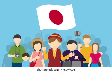 Japanese tourists and tour guide, Inbound tourism, vector illustration