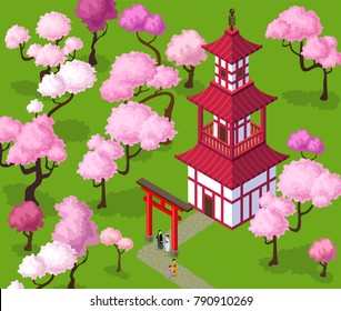 Japanese tower in sakura forest