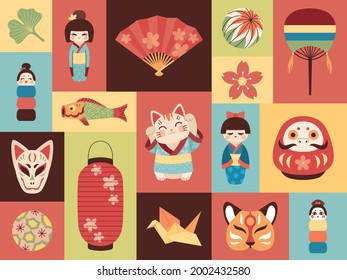 Japanese toys. Asian cultural elements. Mini banners with national items. Lucky symbols. Kokeshi dolls. Maneki cats and masks. Origami crane or kids traditional balls. Vector cards set