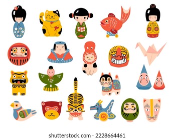 Japanese toys. Masks daruma kokeshi dolls maneki cat origami souvenirs recent vector illustrations