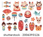 Japanese toys. National cultural lucky items, asian fortune symbols, daruma, maneki cat and kokeshi dolls, traditional masks and lights. Origami crane and paper fan vector cartoon set