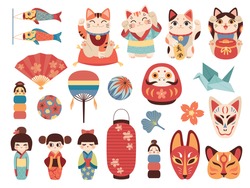Japanese Toys. National Cultural Lucky Items, Asian Fortune Symbols, Daruma, Maneki Cat And Kokeshi Dolls, Traditional Masks And Lights. Origami Crane And Paper Fan Vector Cartoon Set